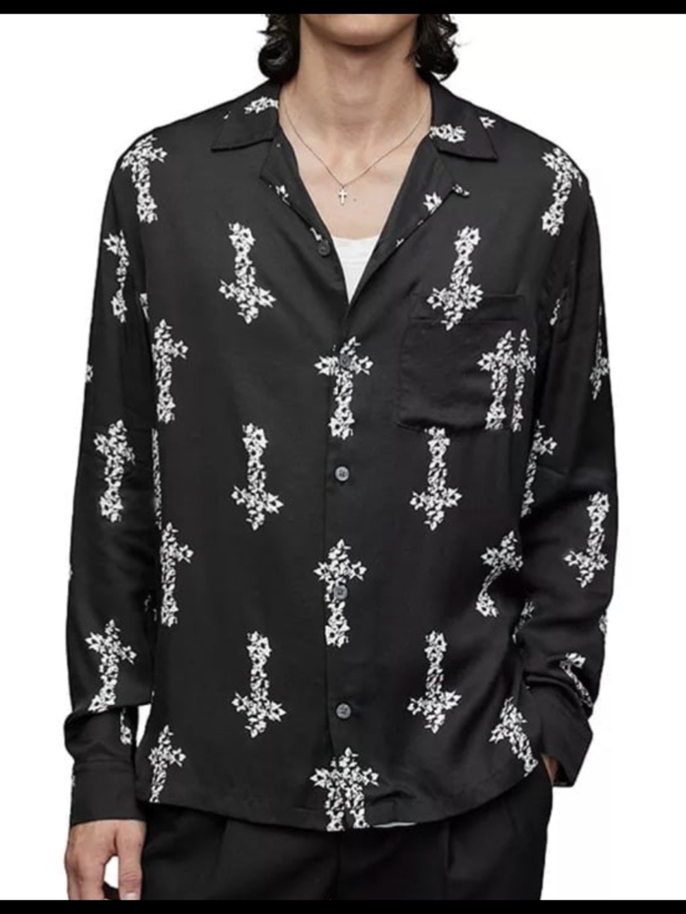 AllSaints Black Button-Down Shirt with White Floral Cross Motif